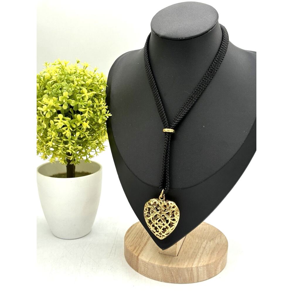 Vintage Gold Tone Filigree Puffed Heart Pendant Black Braided Cord Necklace 16"